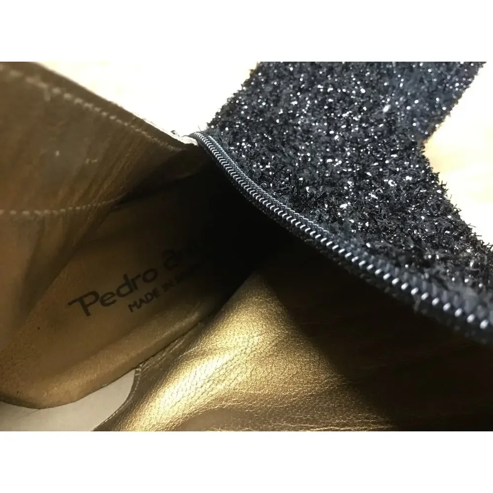 Pedro Anton Women's 6.5 Black Sequin Zipper Pointed Toe Flared Heel Ankle Boots